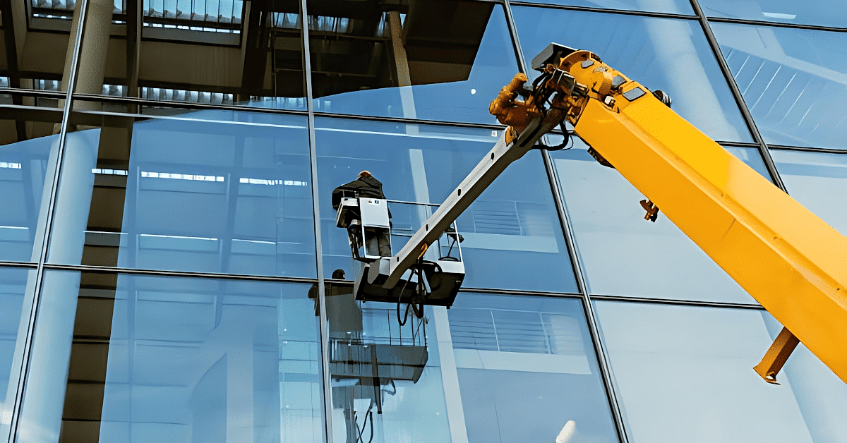 Untitled (1080 x 470 px) (980 x 470 px) Hydraulic crane system cleaning high-rise building windows.